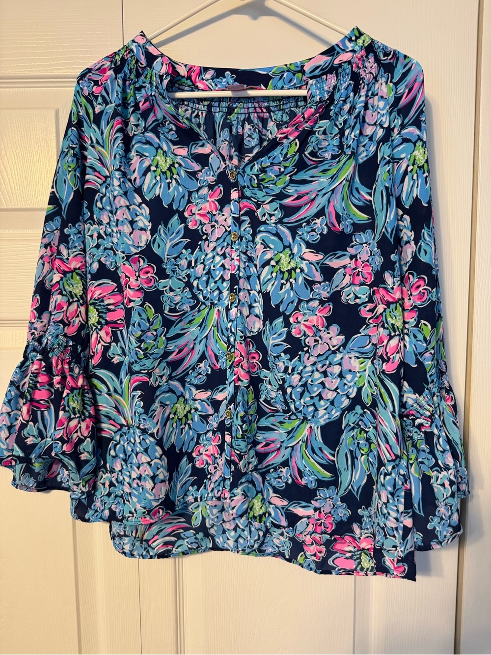 Lilly Pulitzer Navy Floral Button-Front Blouse with Pink & Blue Accents
